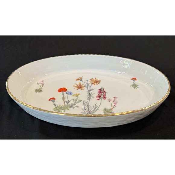 Vintage Lourioux Le Faune Wild Flower Porcelain Oval Casserole Baking Dish